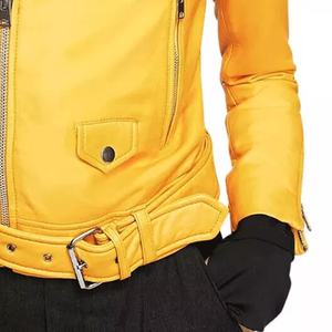 Chaqueta de moto de piel de cordero auténtica amarilla clásica para mujer, chaqueta de cuero suave estilo motorista para mujer 100% - Product Image 4