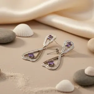 Boucles d'oreilles vintage en argent améthyste en forme de larme pour femmes, plaquées or 18 carats, or blanc avec perles et diamants pour les mariages - Product Image 3