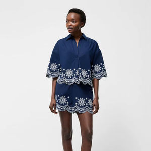 Conjuntos casuales de manga corta, camisa bordada, blusa y pantalones, conjunto de 2 piezas para mujer - Product Image 1