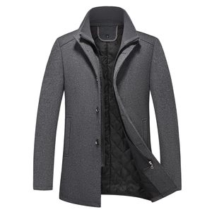 Manteau pour homme en mélange de laine, col montant, simple boutonnage, épais, coupe ajustée, longueur standard, fermeture boutonnée - Product Image 1