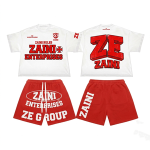 Conjunto de Camiseta Blanca de Algodón Francés Premium de 280 GSM y Pantalones Cortos Rojos con Estampado Puff, Serigrafía, Logotipo Personalizado, OEM, ODM - Product Image 1
