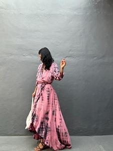 Vestido largo bohemio Tie Dye para mujer, vestido largo fluido con cinturón, caftán Vintage de playa rosa, traje de fiesta de verano - Product Image 2