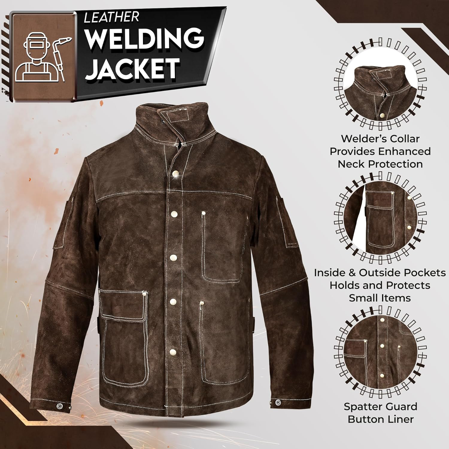 Flame Resistant Work Coat Heavy Duty Leather Welding Jacket - Heat & Flame Resistant Safety Coat With Adjustable Fit Leather Welding Safety Coat - View #13