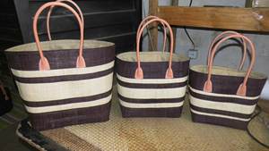 Madagascar Colored Leather Handles Drawstring Closure Striped Sisal <b>Raffia</b> Tote Handbag with Pompoms and Pocket Large Size - Product Image 6