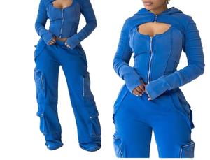 Nouveauté : Survêtement pour femme avec plusieurs poches cargo zippées, 100% coton molletonné 450 GSM, survêtements pour femme - Product Image 3