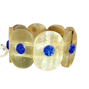 Natural Buffalo Horn Style Oval Link <b>Bracelet</b> Handcrafted Resin Bone-Texture Stretch Bangle with Blue <b>Crystal</b> Inlay Eco-Friendly - Product Image 2