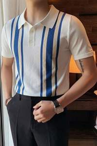 2025 verano hombres Slim Fit Casual manga corta algodón para Polo camisa ecológica rayas Color bloqueo transpirable liso teñido - Product Image 2