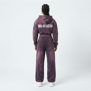 Conjunto de Sudadera Corta con Cremallera y Pantalones Jogger de Pierna Ancha para Mujer, Morado, con Lavado Ácido, de Algodón y Felpa, Estilo Urbano, OEM al por Mayor - Product Image 2