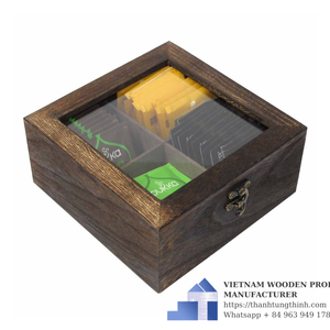 Boîte de rangement à thé en bois avec couvercle en verre et compartiments organisateurs, design classique pour sachets de thé et de café et biscuits, fabriquée au Vietnam - Product Image 6