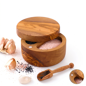 Olive <b>Wood</b> Divided Salt & Pepper Cellar with Magnetic Lid, 2-Compartment Pinch Box, Wholesale - Product Image 1
