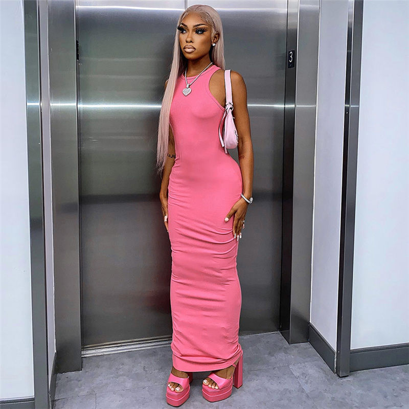 Pink Bodycon Top Casual Long Dress Breathable Elegant Features Office Lady  Sleeveless O-Neck Knitted Tight Waist Day