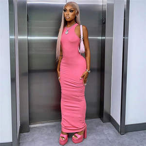 Vestido largo casual ajustado rosa transpirable con aberturas de diamante, estilo formal elegante para oficina, talla XL, ideal para el día. - Product Image 1