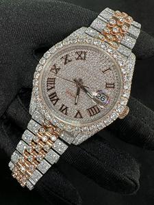Elegante doble tono estilo Hip Hop Iced Out lujo Acero inoxidable movimiento de cuarzo Moissanite diamante hecho a mano reloj para hombres y mujeres - Product Image 3