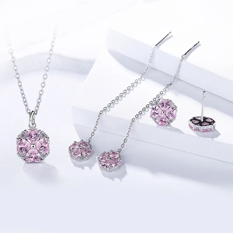 925 Sterling Silver Zircon 4 Lá Cỏ Ba Lá Mặt Dây Chuyền Vòng Cổ Vòng Tay Bông Tai Đặt Cubic Zirconia Hoa Đồ Trang Sức Thiết Cho Phụ Nữ