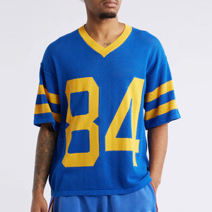 Maillot de sport bleu pour homme à col en V, manches courtes, en maille, avec numéro 84 jaune et rayures, coupe ample et sportive - Product Image 1