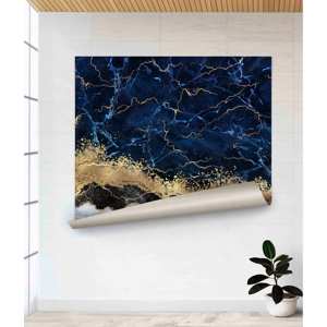 Tableau sur toile imprimé marbré bleu marine et or : décoration murale élégante, affiche enroulable - Product Image 1