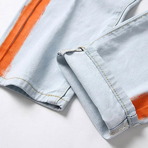 Custom OEM High Quality Men Side Orange Stripe Light Blue Ripped Distressed <b>Slim</b> Fit Stretch Denim <b>Jeans</b> Hip Hop Streetwear - Product Image 6