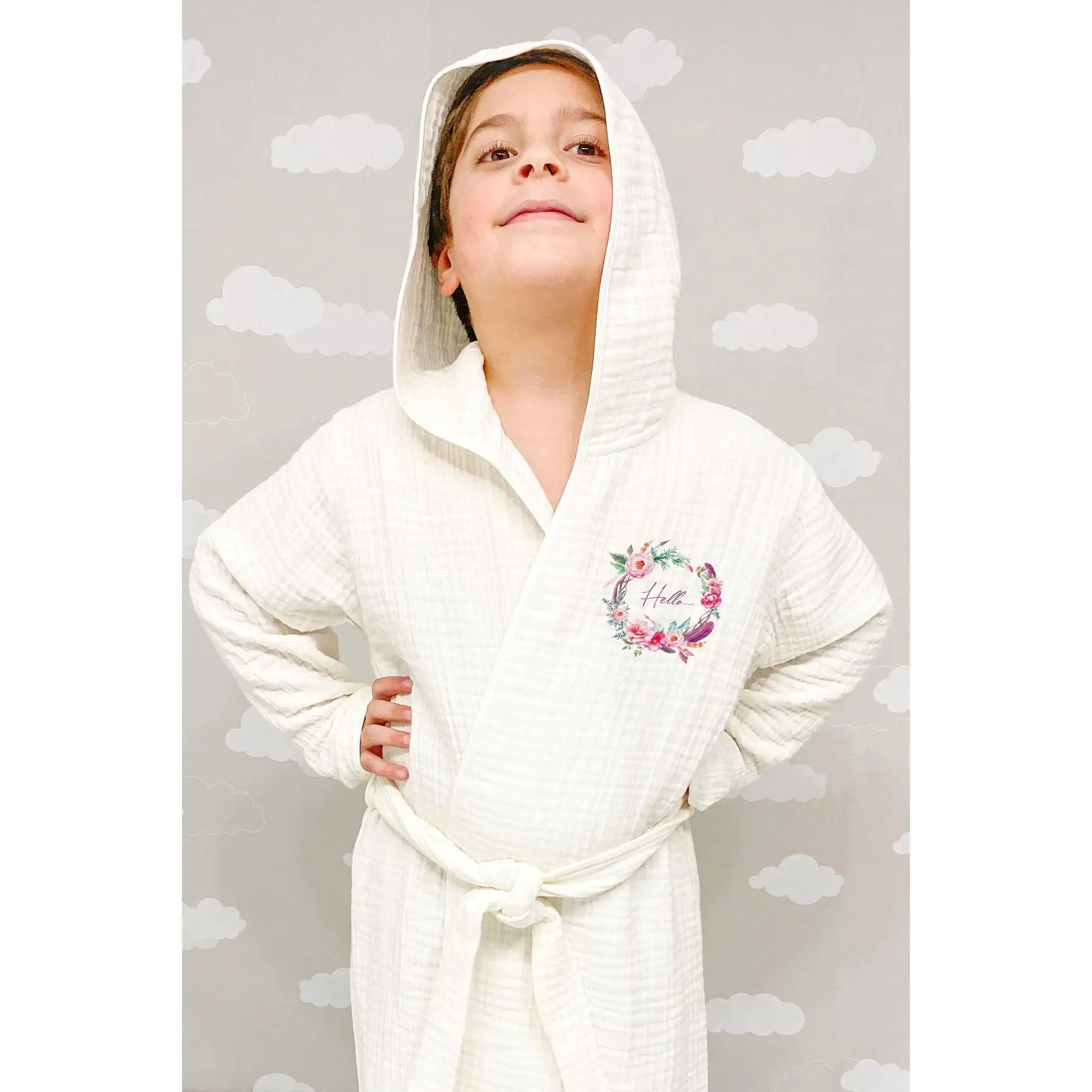 4 Layer Muslin Bathrobe - For Baby Series - Dense Circle with Purple and Pink Flowers