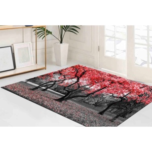 Tapis imprimé avec des arbres et des fleurs rouges : Tapis de décoration moderne pour bureau, tapis à poils doux - Product Image 1