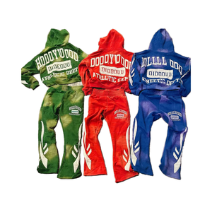 Conjunto de chándal personalizado con parche bordado desgastado para hombre, ropa de calle, pantalones de chándal con capucha lavados con ácido desteñidos por el sol para invierno - Product Image 1