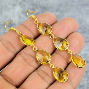 Pendientes de tres piedras preciosas citrino, pendientes llamativos chapados en oro de Plata de Ley 925, Pendientes colgantes de piedras preciosas de pera hechos a mano - Product Image 4