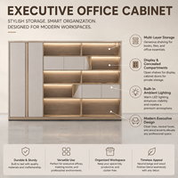 Armoire de bureau moderne en chêne clair avec portes doubles et étagères ouvertes décalées, éclairage LED intégré pour classement et rangement