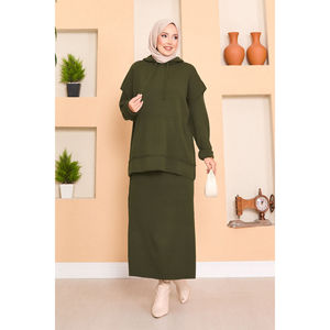 Conjunto de suéter con capucha color caqui y vestido de dos piezas con detalle de hiyab transpirable, atuendo elegante y cómodo - Product Image 3