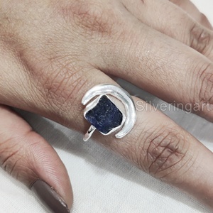 Joyería de piedra en bruto, anillo para mujer, zafiro azul crudo Natural, piedra preciosa, piedra natal de septiembre, luna creciente, anillo de Plata de Ley 925 - Product Image 4
