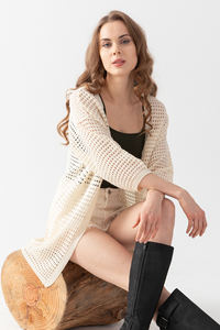 High Quality Beige Openwork <b>Cardigan</b> for <b>Women</b> Long Casual Knit Sweater with Print Pattern Casual Pullover with Logo on Back - Product Image 4