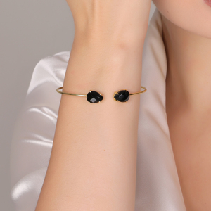 Modern Adjustable <b>Gold</b>-Plated 18K Brass Cuff <b>Bracelets</b> Trendy Dua Bangle with 2 <b>Black</b> Onyx Pear Gemstones for Women's Wedding - Product Image 5