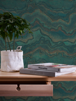 Papier peint vinyle non tissé aspect marbre moderne vert pétrole doré, fabriqué en Allemagne, métallisé, résistant à l'abrasion, amovible, pour cuisine et école