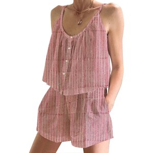 Conjunto de Pijama Corto con Mangas con Volantes Estilo Boho Hippie para Mujer, Algodón Indio, Primavera/Verano, Floral, Ajustado, con Tirantes, Sin Mangas - Product Image 1