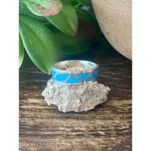 Handmade Boho <b>Statement</b> <b>Ring</b> Navajo Made with Turquoise & Sterling <b>Silver</b> Inlay Size 6 Everyday Wear Jewelry - Product Image 1