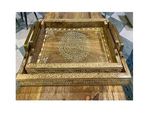 ชุดถาดช็อคโกแลต2ขนาดถาดเสิร์ฟกาแฟชาไม้พร้อมที่จับโลหะสำหรับใช้ในบ้าน - Product Image 4