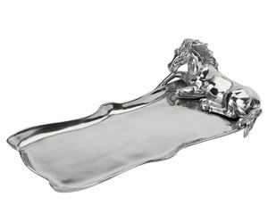 Plateau artisanal en métal argenté orné de chevaux |   Plateau de service décoratif moderne pour le Ramadan, les mariages et Diwali - Product Image 2