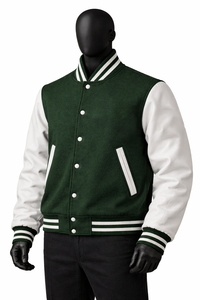Chaqueta Varsity Personalizada Verde y Blanca, Chaqueta de Béisbol Letterman, Cuerpo de Lana, Mangas de Cuero PU, Fabricante de Marca Privada OEM - Product Image 2