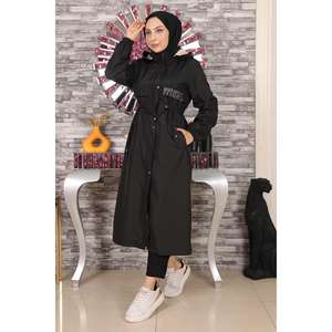 Trench-coat noir à capuche, long manteau d'extérieur 15900 - Product Image 4