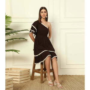 DEEBACO Women's Solid Tiered Layered <b>Dress</b> One Shoulder Bell Layered Sleeves Fit & Flared Above Knee Length One Piece <b>Dress</b> - Product Image 1