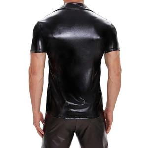 Camisas sexis de cuero brillante para hombre, camisas de manga corta de piel sintética con cuello vuelto, camisa moldeadora para hombre, disfraces de actuación en escenario - Product Image 3