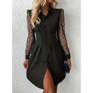 Vestido Corto de Crepé Importado con Cuello y Botones para Mujer, Manga Larga, 29566 - Negro - Product Image 3