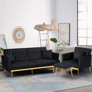 Modern Tufted Velvet <b>Sofa</b> Set Black with Gold Legs 2 Seater <b>Wood</b> <b>Frame</b> Recliner Square Shape Living Room Furniture Futon - Product Image 1