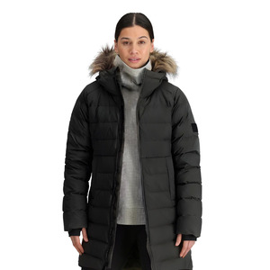 Women's Long <b>Quilted</b> Winter Jacket With Fur Trim Hood Black Full Sleeve Polyester <b>Wadding</b> Zipper Closure - Product Image 4