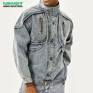Veste en jean vintage délavée à l'acide pour homme, style streetwear rétro, en coton épais, avec plusieurs poches et fermeture éclair - Product Image 1