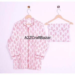 Ensemble pyjama en coton indien pour femmes, taille élastique, respirant, imprimé floral, manches longues, vêtements de nuit d'été, tricoté, hiver - Product Image 2