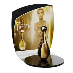 Factory custom design curved acrylic perfume display stand back print advertising picture surface light effect