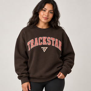 Sudadera de cuello redondo con letras bordadas estilo universitario para mujer, color marrón espresso, manga larga, Drop Trackstar, OEM, marca privada - Product Image 1