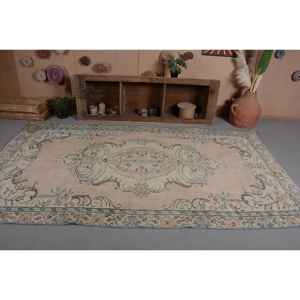 Alfombra turca vintage Beige verde 5,6 X 9.5ft tejido plano de lana con patrón de retazos para decoraciones de sala de estar o uso en el pasillo - Product Image 4