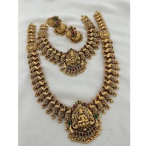 Conjunto de collar de templo chapado en oro de diseñador con acabado antiguo de alta calidad con pendientes para mujer para colecciones de fiestas y bodas - Product Image 1