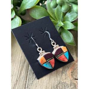 Navajo Made Sterling <b>Silver</b> Multi Stone Inlay Geometric Drop <b>Earrings</b> - Product Image 4