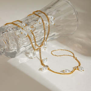 J&D 18K Gold Plated Stainless Steel Double-Layer <b>Toe</b> <b>Ring</b> Anklet Zircon & Pearl Inlay Religious Style for Weddings - Product Image 5